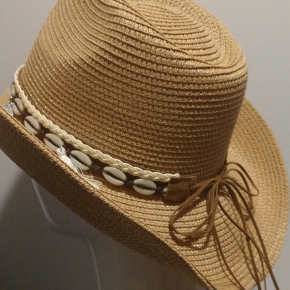 Unisex Western Straw Sun Hat Cowrie Cowry Shells 3.5" Wide Brim Khaki Tan Boho - Picture 9 of 14